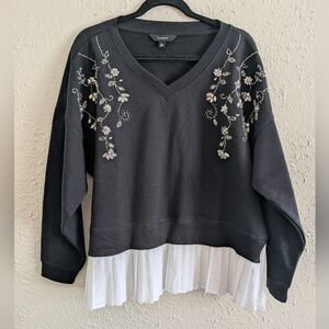 NWT Calligraphie Black Sweater w/ White Pleated Hem & Crystal Gems Floral Design